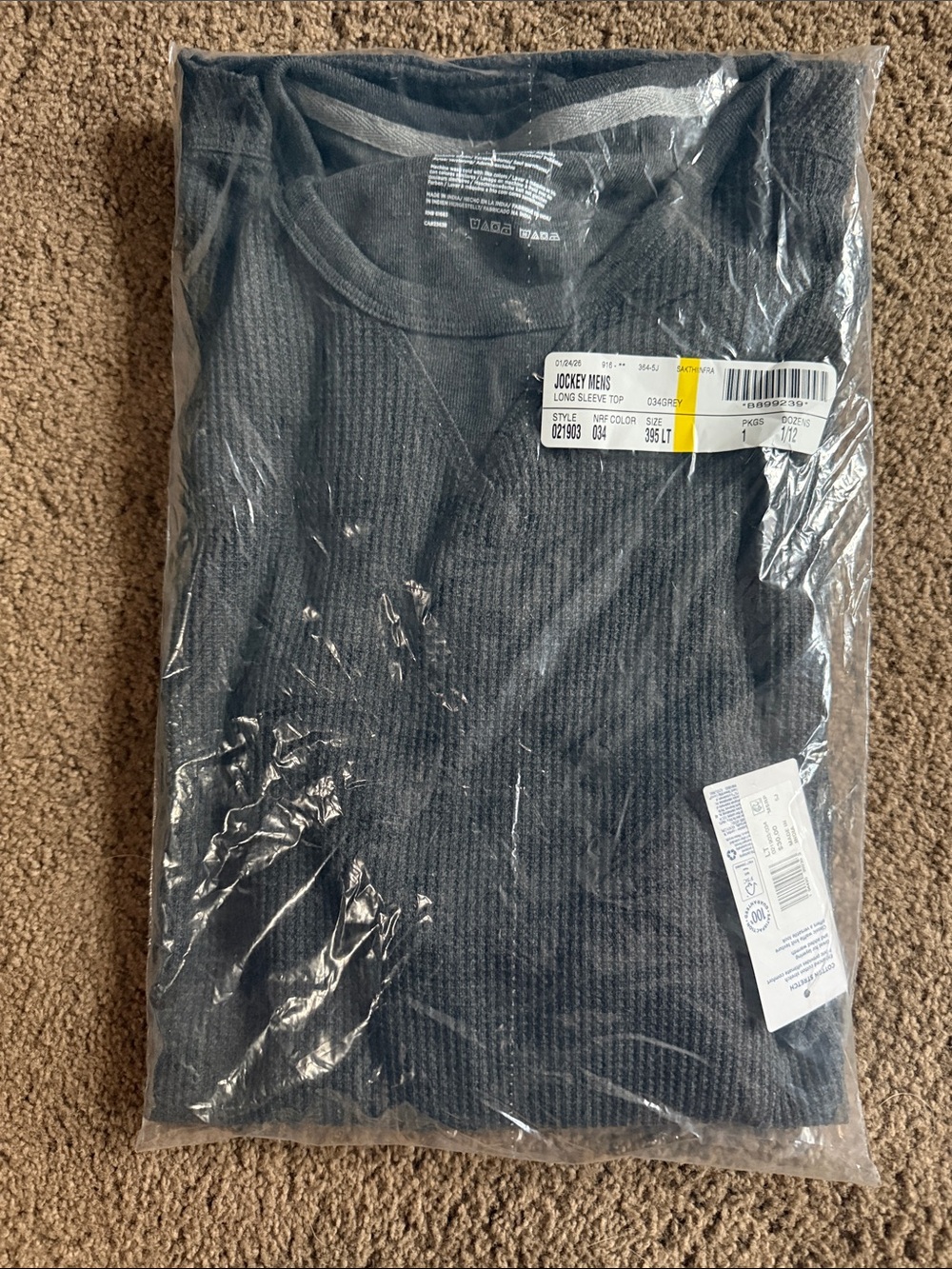 Men’s Jockey Grey Waffle-Knit Long Sleeve Thermal Shirt New in Package Size LT